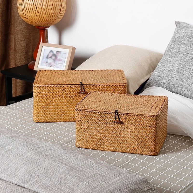 Handmade straw storage basket desktop debris covered rattan storage box home organization and storage woven basket ZP7181505