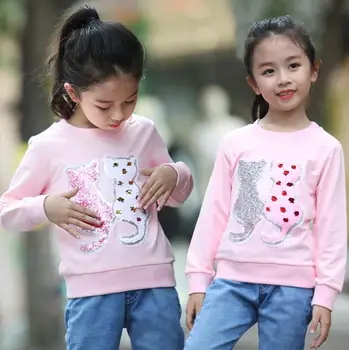 

4 6 8 10 12 14T Girls cute cat Sequins Pink Sweatshirt for Girls Kids autumn Children's Cotton Hoodies Kids Clothes