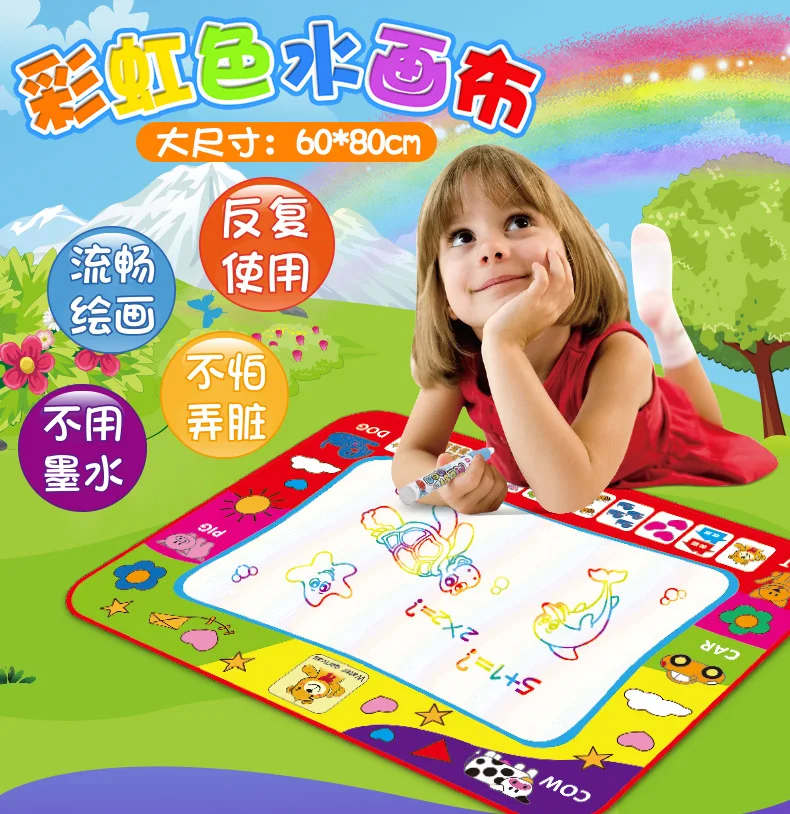Upgraded Large Size Rainbow-colored Magic Water Canvas Children'S Educational Painting Graffiti Blanket 80*60 with 2 Pen