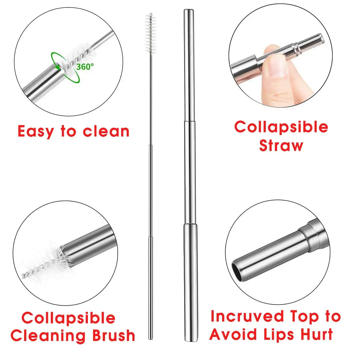 Portable Stainless Steel Telescopic Drinking Straw Foldable Metal Straw Eco Friendly Reusable Straw with 1 Cleaning Brush