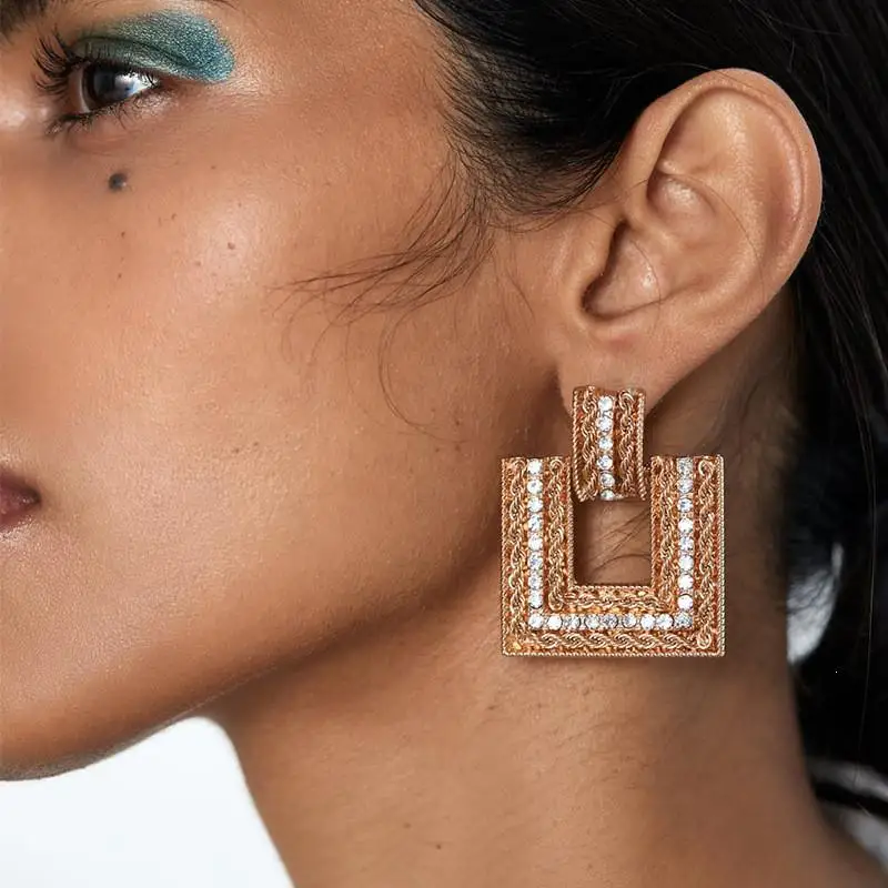 Luxury Shining Crystal Drop Earrings Gold Color Square Rhinestone Dangle Women Wedding Party Jewelry | Украшения и аксессуары