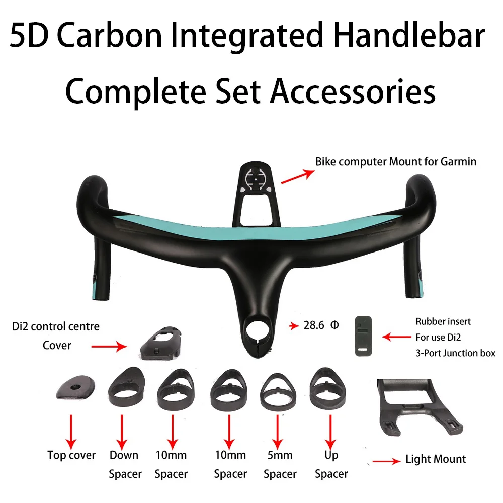 5D полностью углеродный руль для шоссейного велосипеда, интегрированный откидывающийся Руль 28,6 мм UD с креплением для велосипедного компьютера, Специальное крепление-светильник
