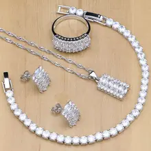Натуральный 925 Серебряный свадебный ювелирный набор Белый цикроний, Кристалл для женщин серьги кулон кольца браслет комплект с ожерельем