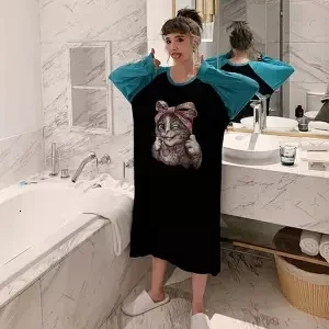 Nightdress women Осенне-зимняя женская ночная рубашка с длинным рукавом из хлопка с животным принтом в стиле пэчворк, свободная ночная рубашка, Повседневная Ночная рубашка, пижама с длинным рукавом - Цвет: Nightdress women