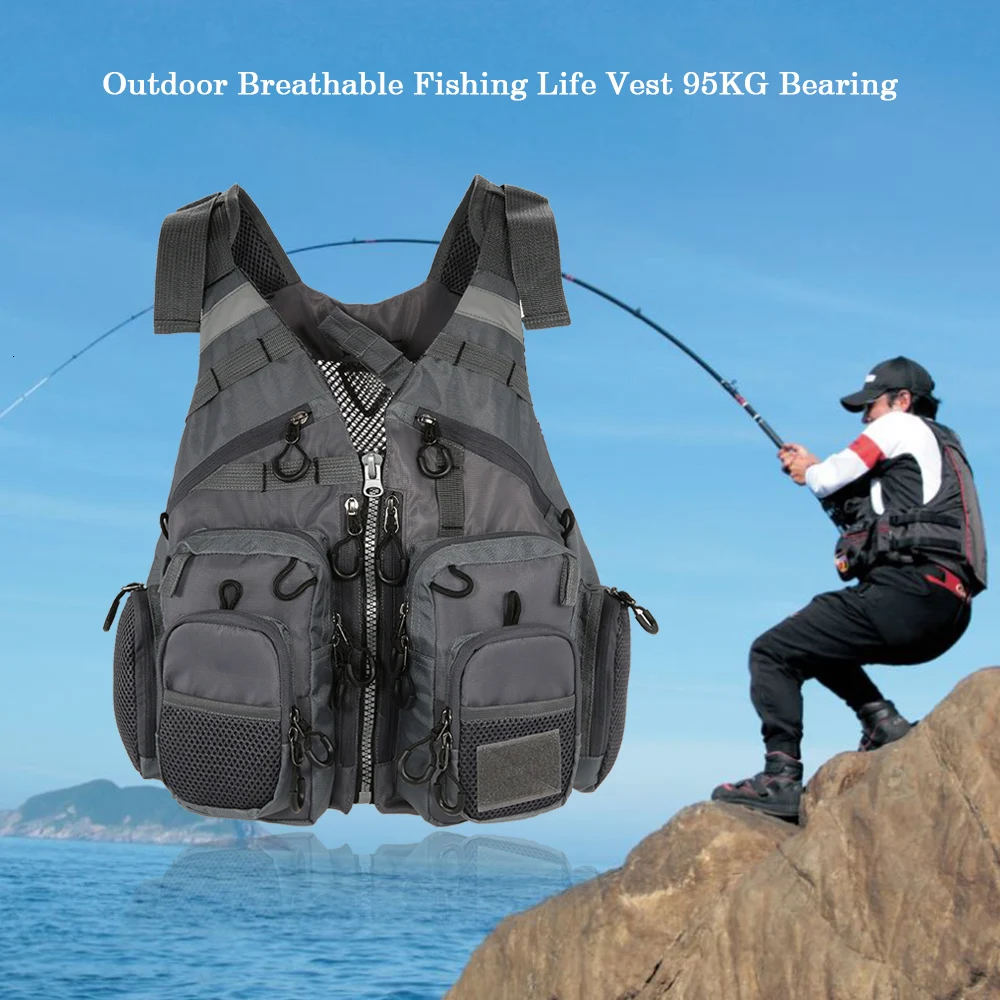 Рыболовный жилет с регулируемой сеткой и карманом для спорта на открытом воздухе, Спасательная куртка для плавания, одежда для рыбалки