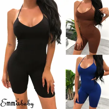 

Women Sexy Off Shoulder Halter Jumpsuit Biker Shorts Backless Bodysuit Fitness Workout Gym Sport Bodysuit Athletic Leggings