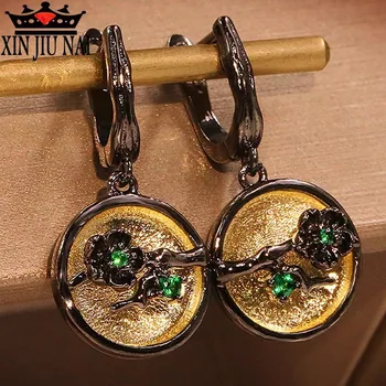 

Chinese style garden sparkling diamond bright gold enamel green jade classic romantic light luxury silver needle earrings women