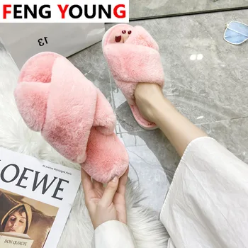 

Slippers Women Fluffy Home Faux Fur Slippers Cozy Furry Slides Open Toe Slip on Soft Slippers House Floor Plush Warm Shoes