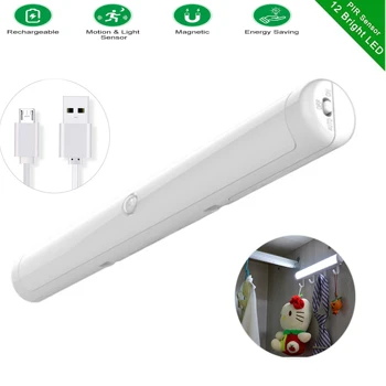 

Pir Motion Sensor Under Cabinet Light 12 LEDs Rechargeable Battery bed Lights Whith Hook For Closet Kitchen Bedroom Wardrobe