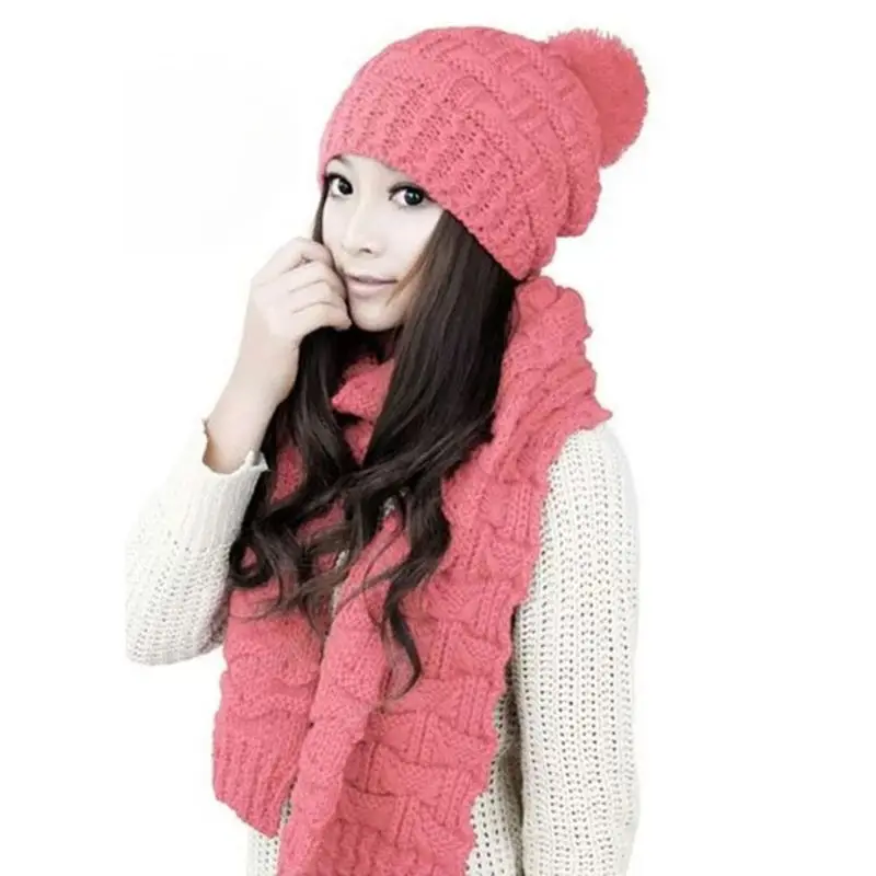 Женская зимняя вязаная шапка, шарф, набор, одноцветная шапка с помпоном, шапка, шейный платок - Цвет: 5