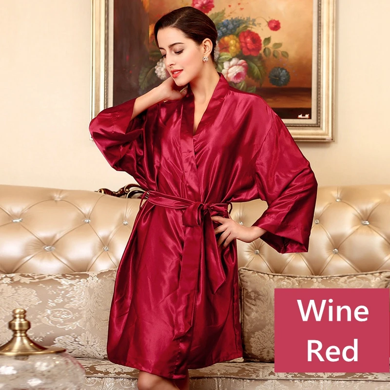 wine red Элегантное свадебное утреннее платье для женщин, имитация шелка, v-образный вырез, темперамент, длина до колена, чистый цвет, летняя Высококачественная тонкая ночная рубашка - Цвет: wine red
