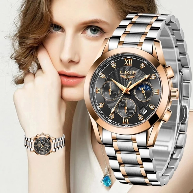 LIGE 2022 nový móda kreativní zlato hodiny káča značka luxusní celý ocel hodinky ženy ležérní vodotěsný hodinky dámy relogio feminino
