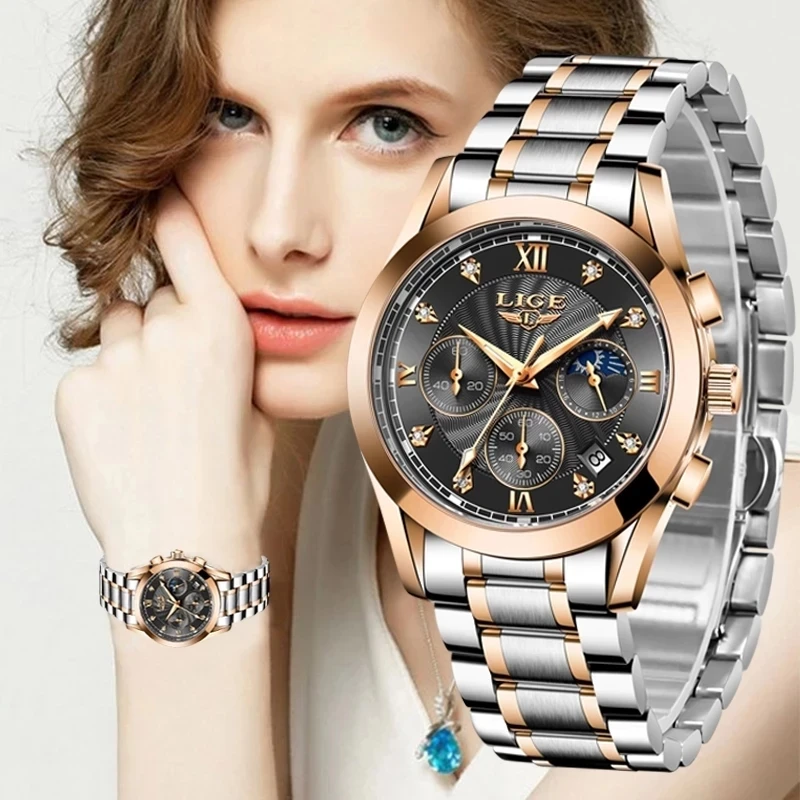 LIGE 2022 New Fashion Creative Gold Clock Top Brand Luxury All Steel Watch Women Casual Waterproof Watch Ladies Relogio Feminino