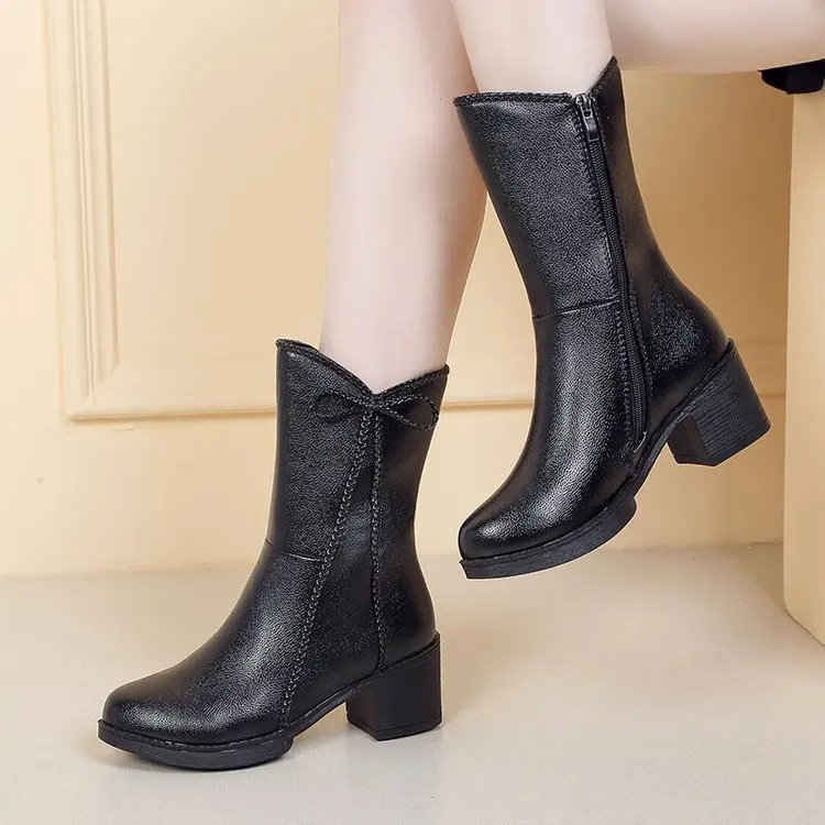 

WOMEN'S Shoes 2019 Autumn And Winter New Style Semi-high Heeled round-Toe Mom Leather Boot Chunky-Heel Tube Martin Boots Women's