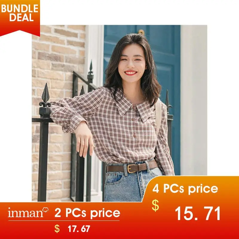 INMAN Winter New Arrival Literary Retro 100%Cotton Doll Collar Plaid Loose Long Sleeve Women Blouse