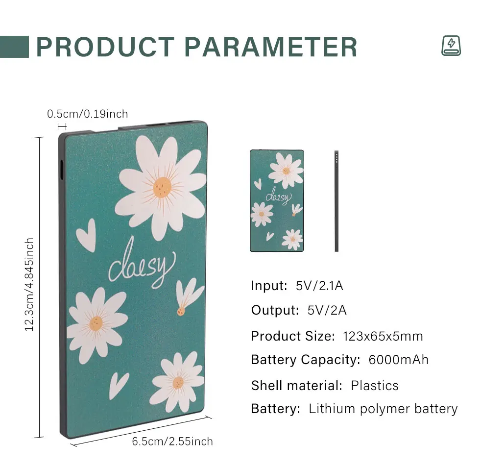 Ultra Thin Flower Power Bank Portable Charging External Battery Charger 6000mAh Powerbank For iPhone 11 12 Xiaomi mi PoverBank battery pack for phone