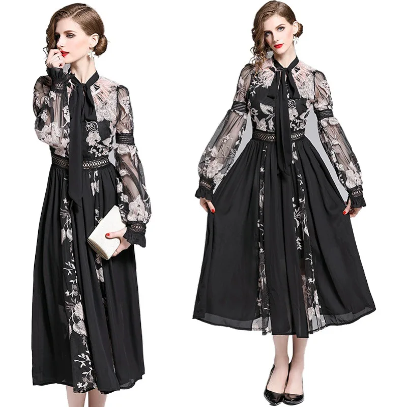 

Ozhouzhan 2019 Spring And Autumn Women's Dress Machine Embroidery Feather Lantern Sleeve Slim Fit Versatile Elegant Dress