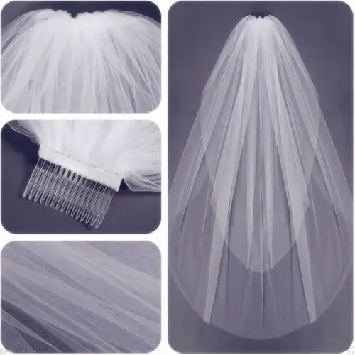 

White Ivory 2Tier Bride Bridal Wedding Veil Comb Elbow Length Cut Edge