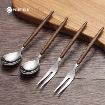 

WORTHBUY 2 Pcs/Set Fruit Fork Spoon Set 304 Stainless Steel Salad Fruit Fork Dessert Spoon Bento Food Picks Kichen Accessories