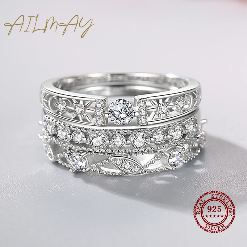 Silver rings Silver ring Wedding rings Ailmay Real 925 Sterling Silver Line Clear CZ Finger Rings Geometric Line Rings For Women Classic Wedding Statement Jewelry