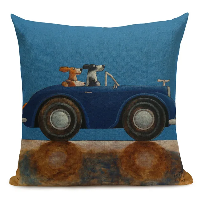 Hot Sale Pillow Lovely Cartoon Dog Cat Color Driving Car Vintage Almofadas 45X45CM Linen Pillow Decorative Linen Cushion Cover - Цвет: 14