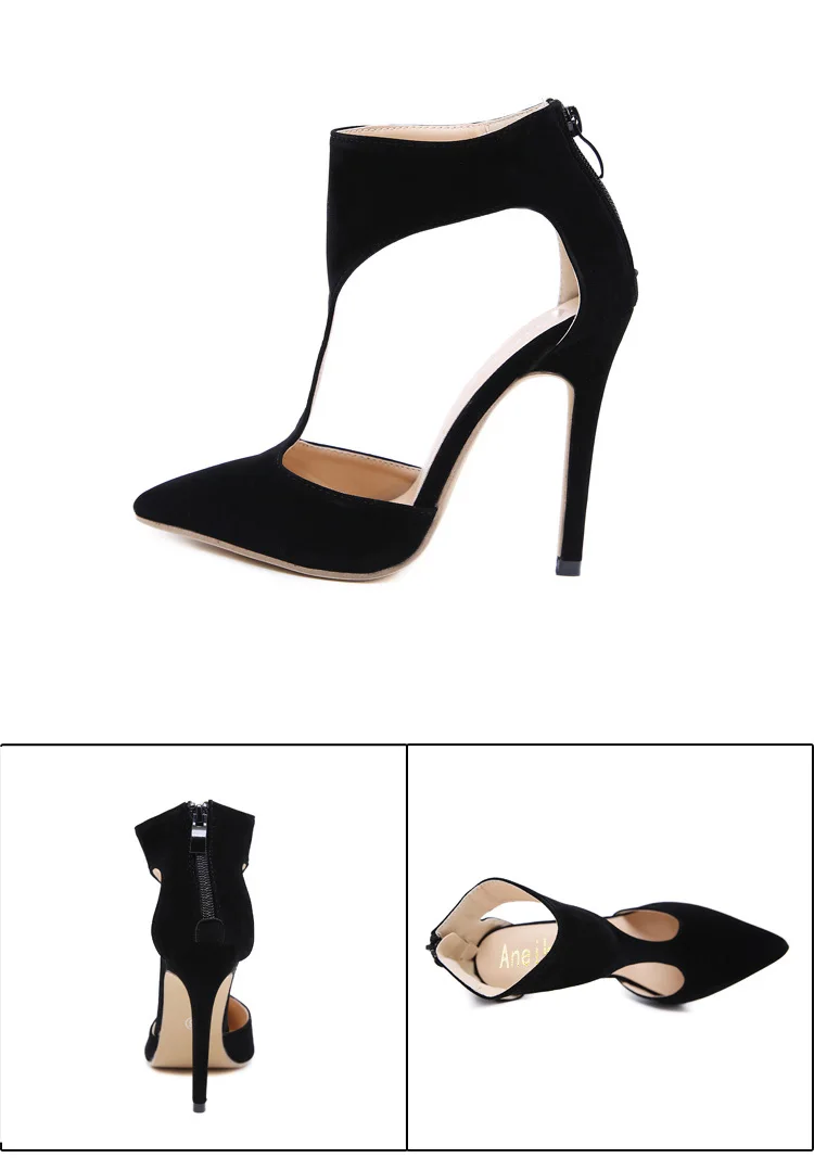Aneikeh; сезон весна; модные черные туфли-гладиаторы из флока; женские босоножки с острым носком; босоножки на тонком высоком каблуке; женские туфли-лодочки с закрытой пяткой