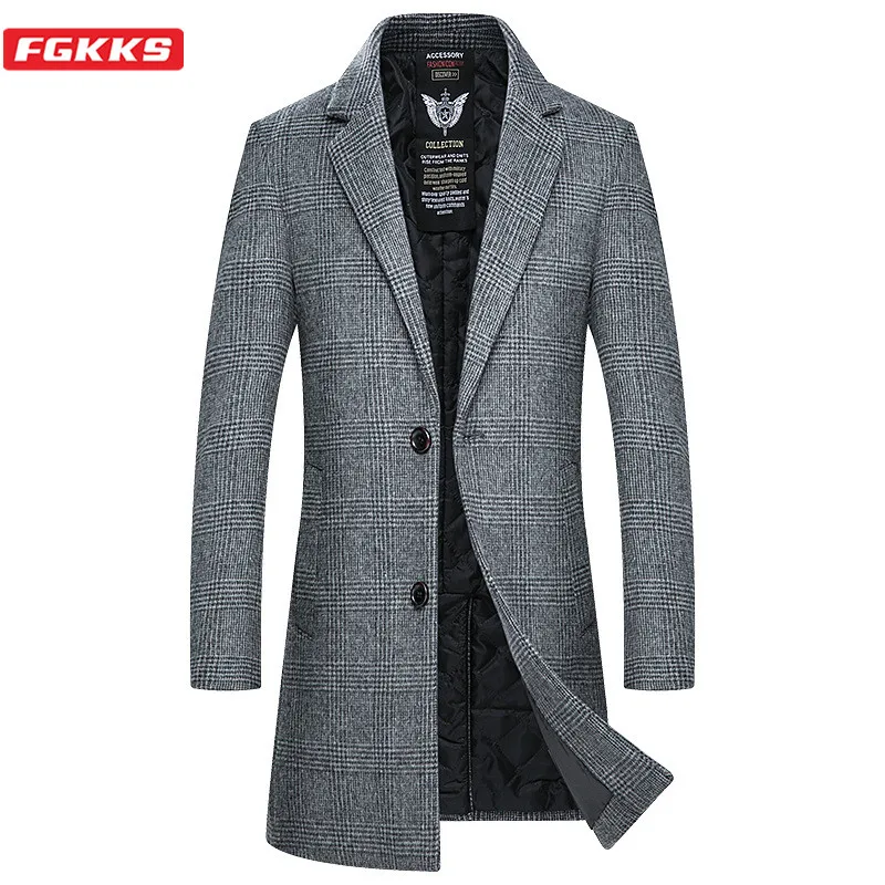 FGKKS Men's Wool Blend Coat Korean Version Spring Male Long Wool Blend Warm Fashion Plaid Print Coat Brand Men Wool Blends Coat FGKKS Men's Wool Blend Coat Korean Version Spring Male Long Wool Blend Warm Fashion Plaid Print Coat Brand Men Wool Blends Coat