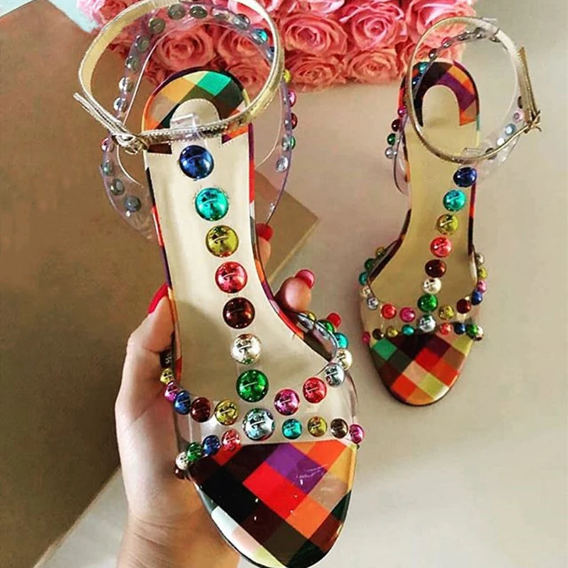 Colorful Bauble-Studded High Heel Sandals Rainbow Studs T-Strap Sandals Women Summer Shoes Embellished Bead PVC Women Sandals