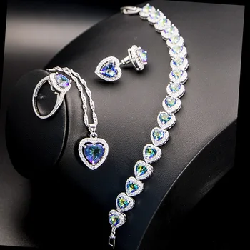 

GZJY Women Red Mult Blue Crystal Heart Cut Jewelry Sets 925 Silver Wedding Ring Earrings Necklace Pendant Bracelet Party Sets