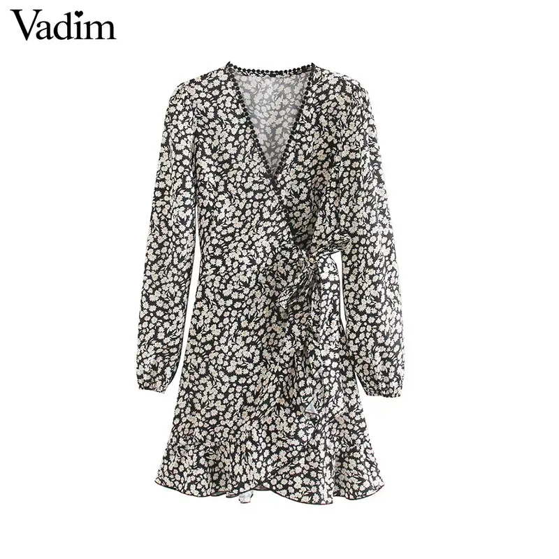Vadim women retro floral pattern wrap dress V neck cross design ruffles long sleeve female chic mini dresses vestido QD347 | Женская