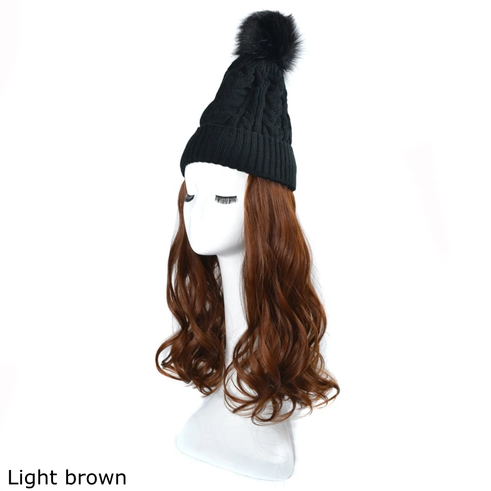 knitted Beanies hat With hair wig Long 