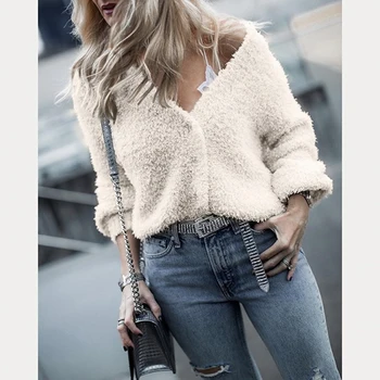 

Women Long Sleeve Plush Coat Jacket Autumn Winter New Style Sexy V-neck Crop Fur Tops With Button Coats Tops Vestido