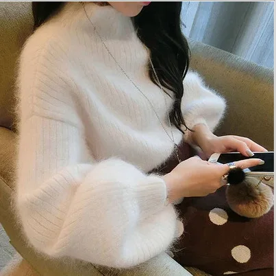 

Pullover sweater women 2019 solid color high neck lantern sleeve brief mohair knitted casual loose sweaters vestidos LXJ1029
