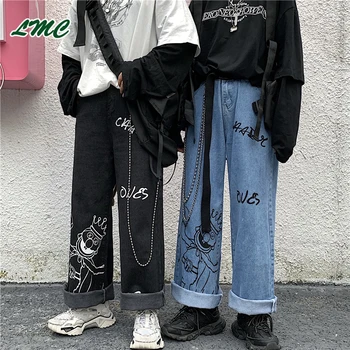

LMC/Mens Womens Retro Wide Leg Pants Straight Letter Printed Trouser Belt Elastic Waist Drawstring Hip Hop Streetwear Pants
