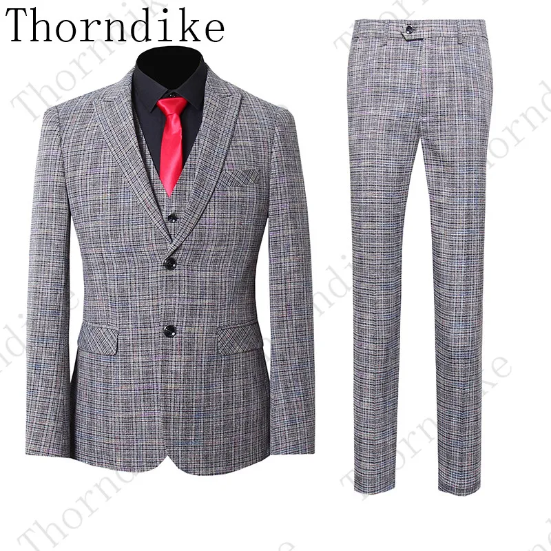 Thorndike(пиджак+ брюки+ жилет), четыре сезона, модный мужской деловой смокинг, повседневные Молодежные тренды, новые свадебные клетчатые костюмы