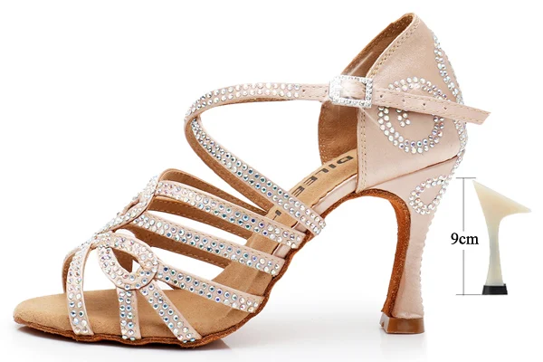DILEECHI/туфли для латинских танцев; Атласная блестящая женская обувь со стразами; обувь для сальсы; женская Обувь для бальных танцев; черная кожа - Цвет: Skin heel 9cm