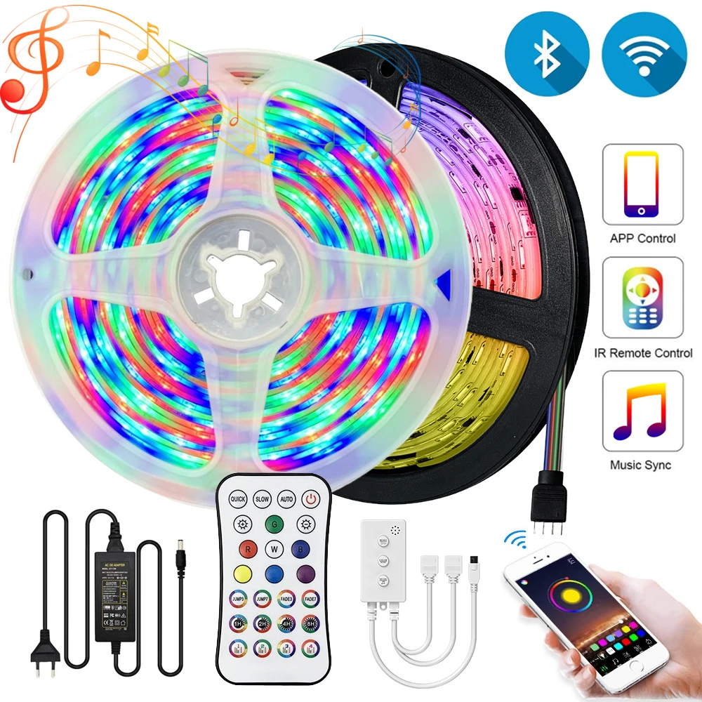 5M 10M 15M WiFi Bluetooth LED Strips Lights 220V RGB 5050 ledstrips Multicolor Ribbon Tape Lamps for Bedroom Wall Decoration 12V