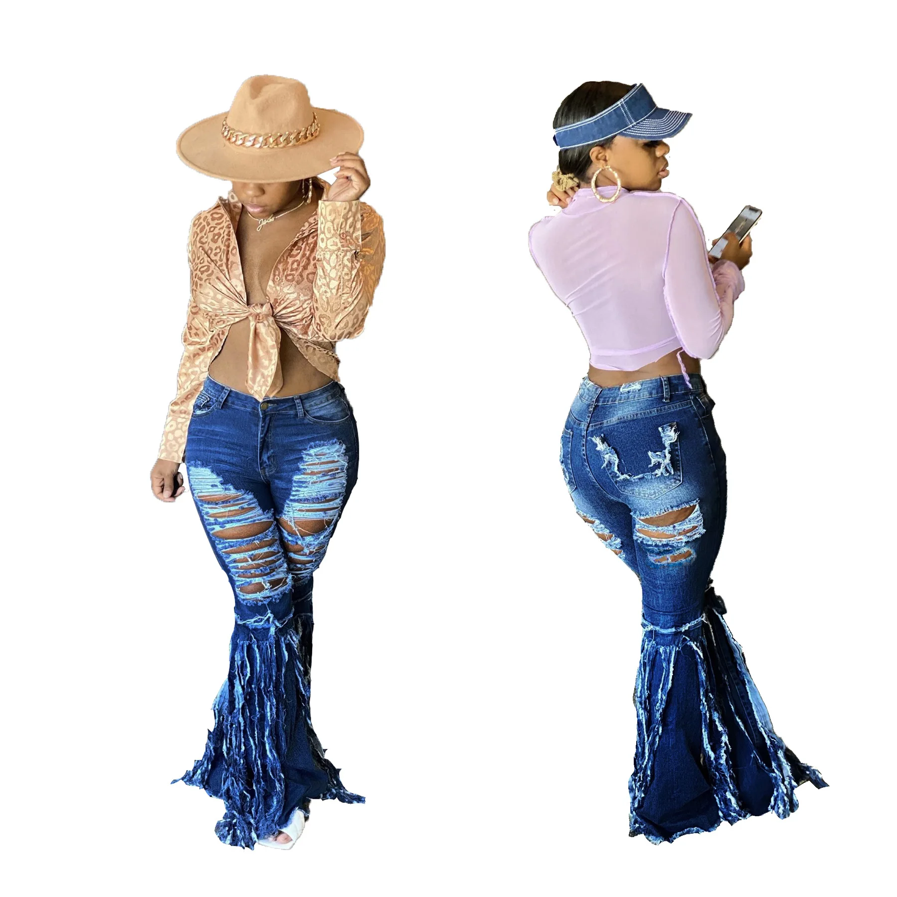 

Casual Women Ripped Jeans Pants Falre Pants Denim Long Trousers Hollow Out Streetwear Jeans Clothes For Women Outfit