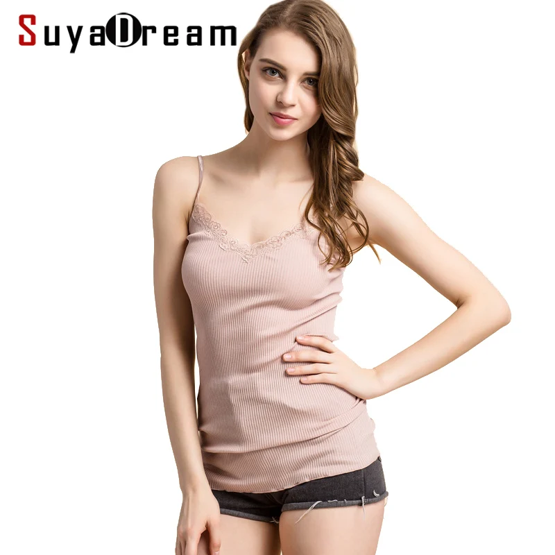 

SuyaDream Women Lace Camis 70%Real Silk 30%Cotton Lace Camisoles Spandex knits Soft Basic shirt 2022 New Vest Solid colors