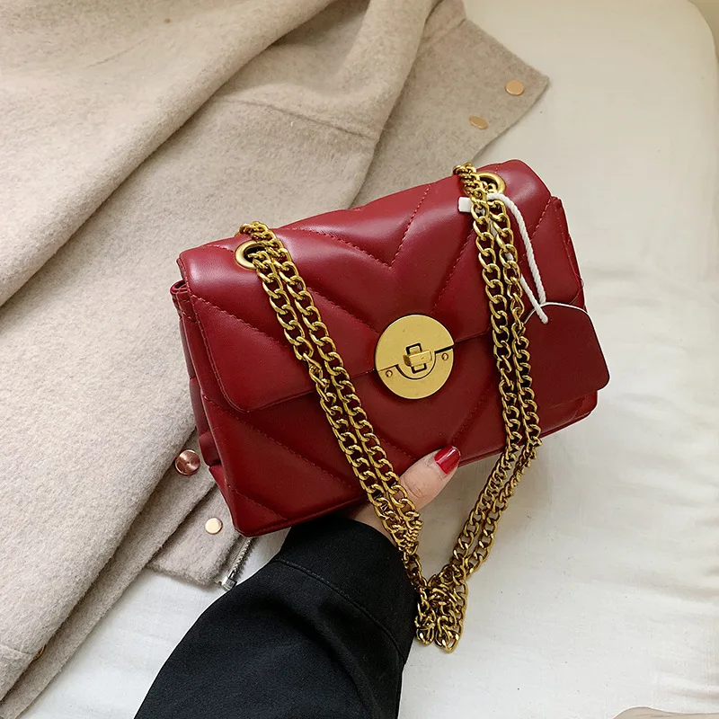 

2019 Autumn New Style Fashion Small Red Packet Bag with Chain Rhombus Spiraea Bag Lock Square Sling Bag WOMEN'S Bag
