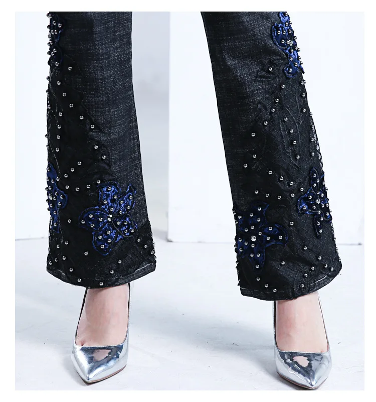 FERZIGE Брендовые расклешенные брюки женские джинсы ручной работы с вышивкой бисером и высокой талией Женские Эластичные Обтягивающие черные брюки размера плюс 36