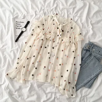 

ruffles polka dot chiffon women blouse 2020 summer new flare sleeved loose office lady elegant pulls outwear tops