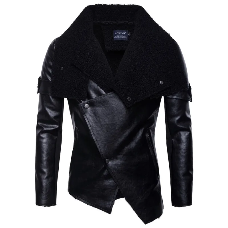 Осенне-зимняя мужская куртка из искусственной кожи в стиле панк, облегающая черная флисовая куртка с воротником, куртка для мотоцикла, пальто, повседневная одежда - Цвет: Black Jacket