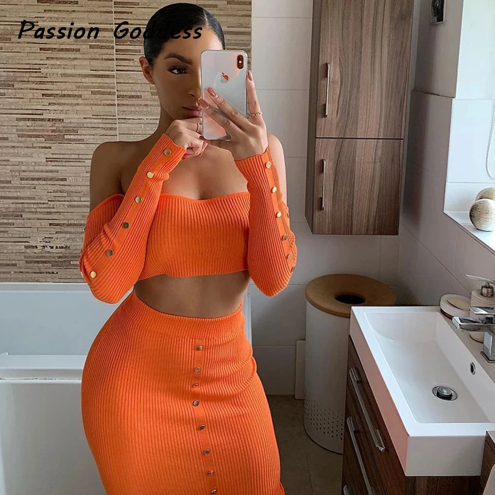 

Autumn Women 2 Piece Skirts Set Outfits Off Shoulder Long Sleeve Button Shirts High Waist Slim Button Skirts Two Piece Suits