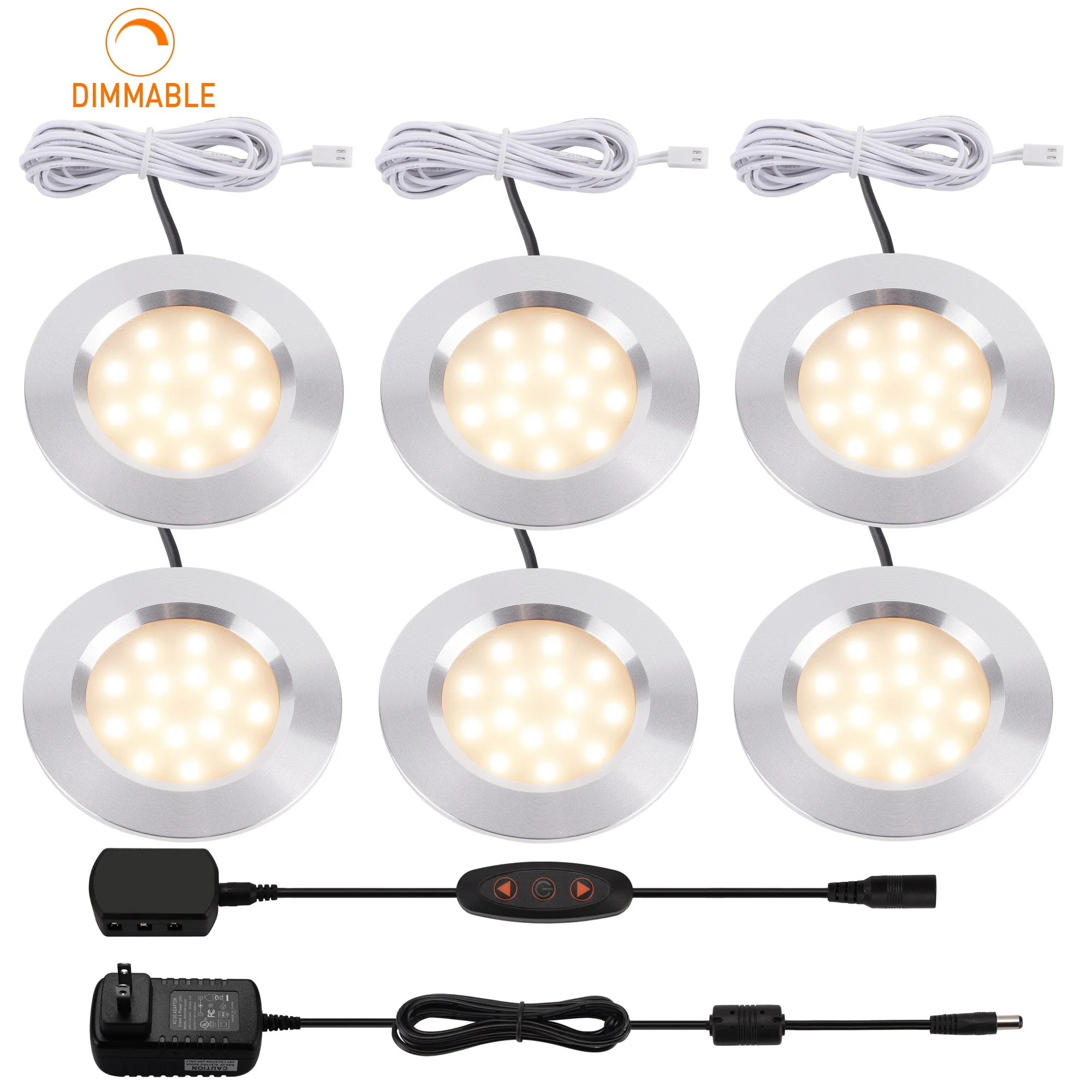 

6PCS 3W LED Recessed Cabinet Lights Dimmable 12V 15LEDs Under Cabinet Night Light Warm White Ultra-Thin LED Puck Lighting Kit