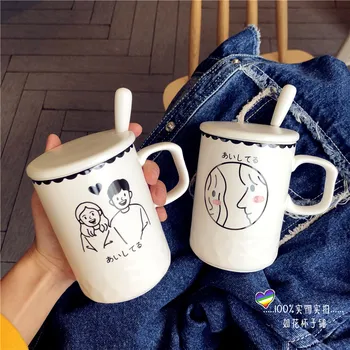 

Creative Hand-drawn Cartoon Couple Mug with Lid Spoon Large Capacity Household Coffee Mugs Breakfast Juice Cups Anniversary Gift