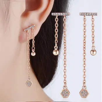 

Charming Micro Zircon Square With Bead Pendant Long Tassel Earrings 925 Sterling Silver Rose Gold Earrings S-E554