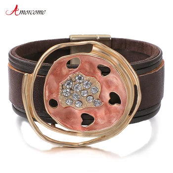 

Amorcome Brown Cuff Women Leather Bracelet Bangles Simple Rhinestone Irregualr Round Charm Wide Wrap Bracelet Female Jewelry