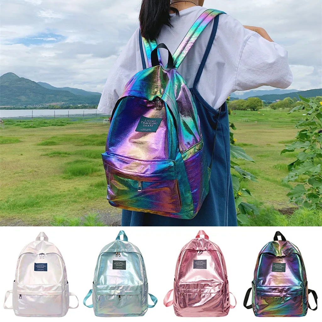 Дорожные сумки серебристые, лазерные рюкзаки для женщин и девочек, сумка на плечо из искусственной кожи, голографический рюкзак, школьные сумки для девочек-подростков#4