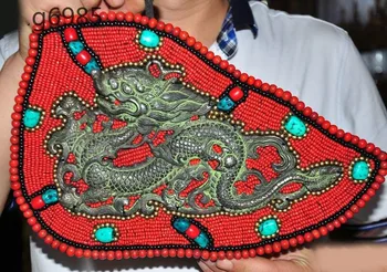 

wedding decoration Tibet Buddhism bronze Inlay Red Coral turquoise Dragon lucky statue Wall hanging